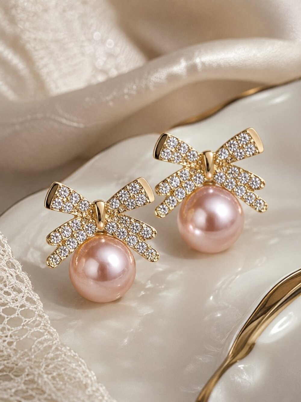 Coquette Bow Earrings Gold Crystal Rhinestone Pink Pearl Drop Balletcore 0.7"
